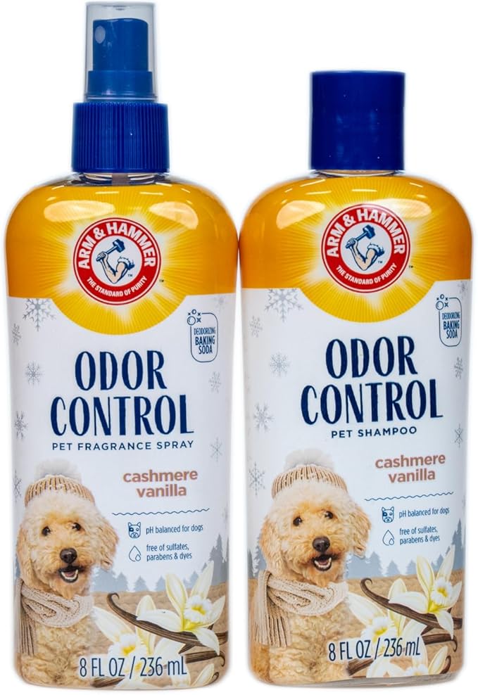 Arm & Hammer Odor Control Pet Grooming Gift Set, Includes Dog Shampoo 8 Fl Oz and Dog Bath Spray 8 Fl Oz, Cashmere Vanilla Scent, pH Balanced, Paraben and Sulfate Free