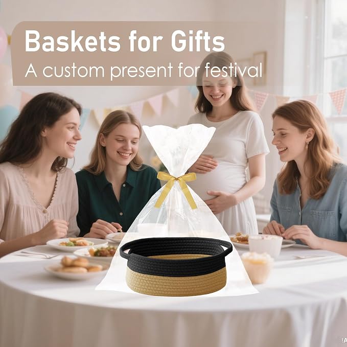 JMvicyroam Small Woven Basket, Empty Gift Basket, Black&Jute/2 Pack | Small Gift Basket, Cotton Rope, 12 x 8 x 82 in, Handles, Includes Ribbon and Bag, Birthday Gift Basket
