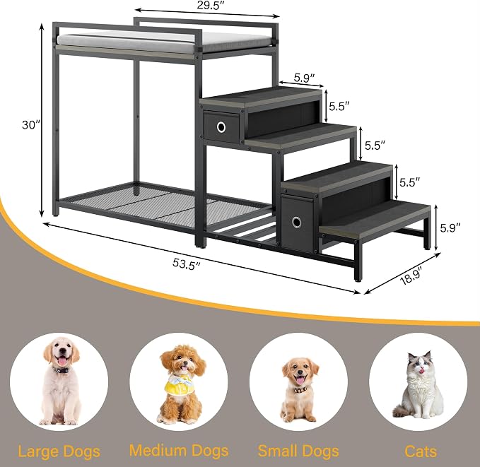 kepptory Pet Bunk Bed with Stairs and Storage, Dog Beds Attachment to Human Bed, Bedside Dogs Cot for Small, Medium Cats & Dogs, Pet Window Perch (Grey)