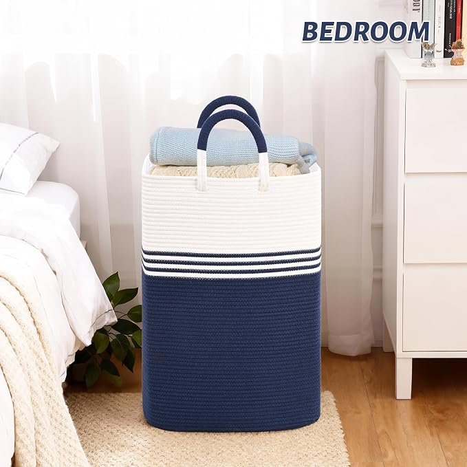 Laundry Basket Hamper,Blanket Storage,Dirty Clothes Hamper with Swivel Handles,Woven Cotton Rope Toy Baskets,Blanket Basket Living Room,Decorative Hampers for Nursery,Bedroom,White & Blue,60L