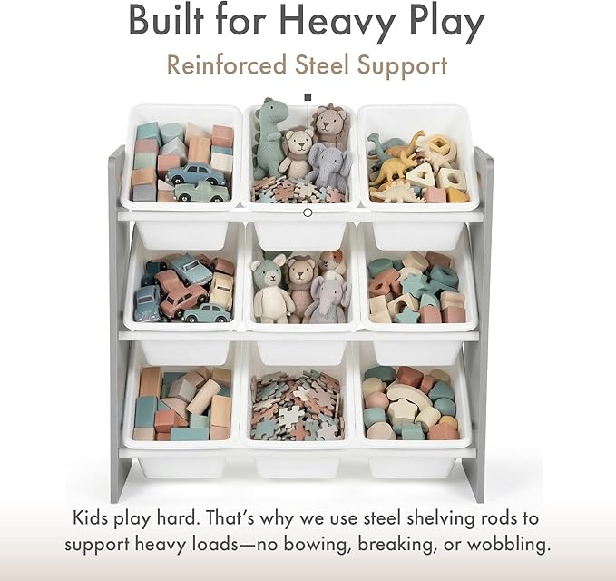 Humble Crew Kids Toy Organizer with 9 Bins, 3 Tier Storage for Playroom | Sturdy wood and steel toddler shelf, removable BPA-free containers, wall anchor anti-tip safety kit for bedroom or classroom