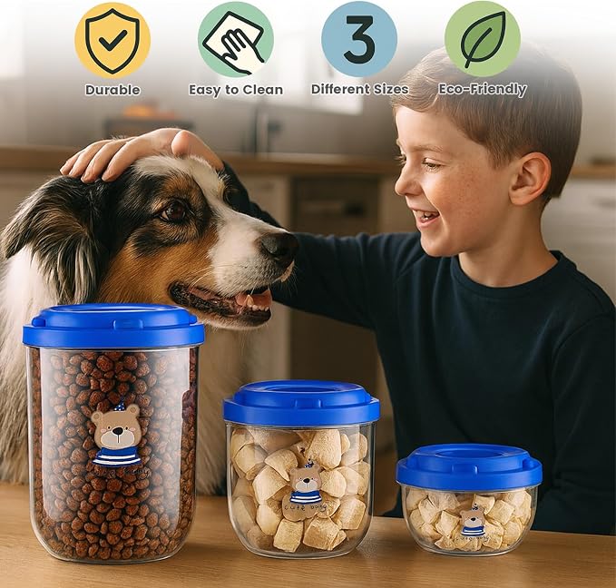 3-Pack Airtight Dog Treat Container Set - Clear Plastic Pet Food Storage Canisters for Kitchen Counter Pantry Organization - Small Stackable Jars for Cat Snacks, Bird Hamster Food, Blue Lids