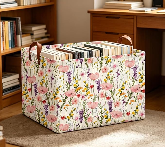 Rectangle Storage Basket with Handles,Collapsible Storage Bin,Books Box,Gift Basket(Flowering Shrubs)
