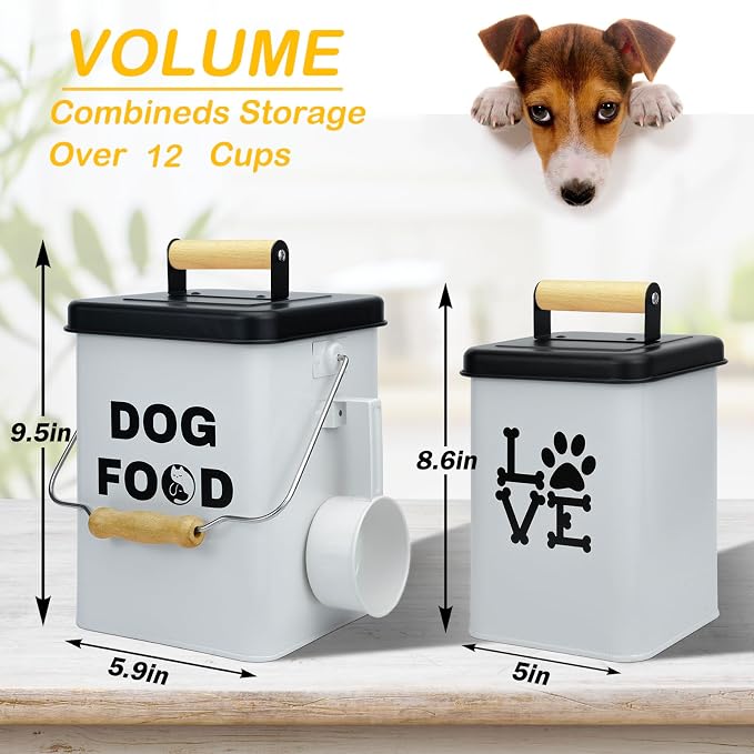 Dog Food Storage Container Set of 2 Dog Treat Container with Airtight Lids Dog Treat Jar with Scoop Metal Dog Food Holder with Wooden Handles for Kitchen Counter and Pantry Home Decor - White