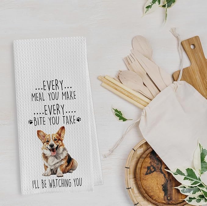 Funny Corgi Dish Towels Set - Corgi Gift Waffle Weave Kitchen Towels, Dog Decorative Hand Tea Towels for Bathroom Kitchen (16×24 Inches Set of 2)