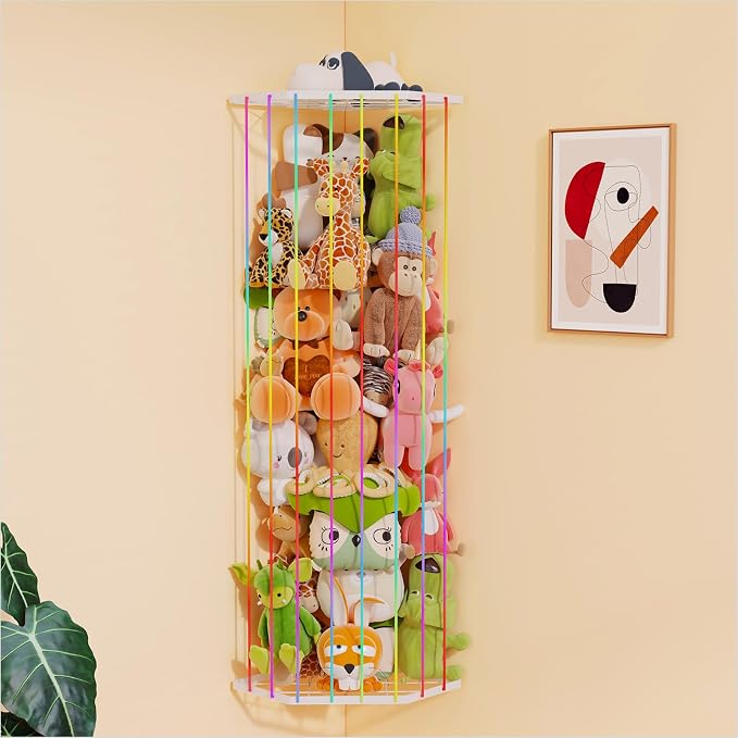 BBLlKE Stuffed Animal Storage Zoo - Corner Plush Toy Organizer Length Adjustable, Wall Hanging Stuffed Animal Net Holder for Nursery Playroom Bedroom Kids Room, Multicolor
