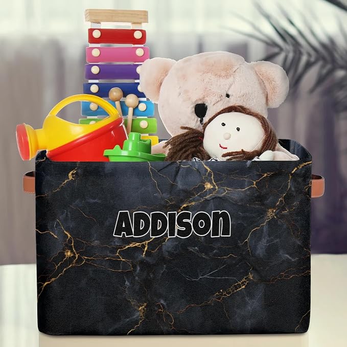 Custom Name Storage Bin, Personalized Rectangular Storage Basket with Handles for Organizing Boys Girls Toys Office Closet Shelf Baskets Dark Black Marble Texture with Golden Line