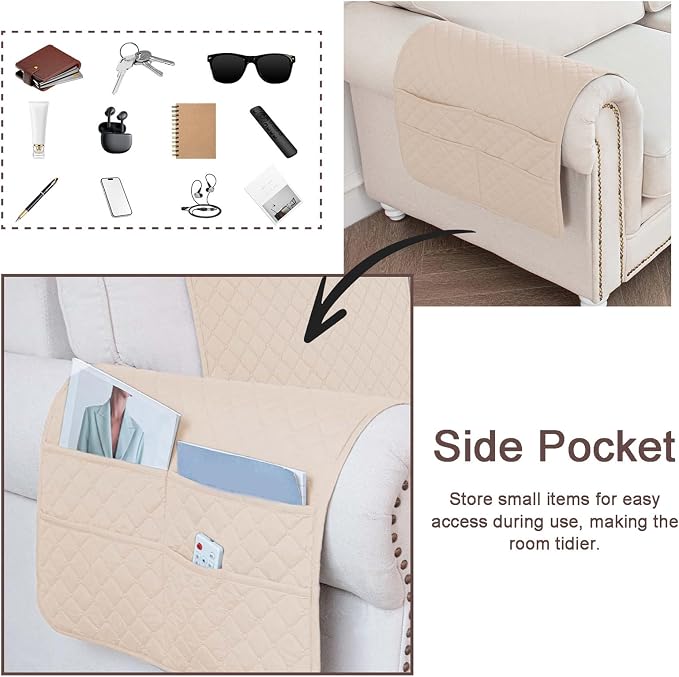 Large Polyester Armrest and Headrest Covers with 2 Pockets | Soft, smooth polyester resists daily wear nonslip silicone backing helps shield recliners and sofas from pet scratches
