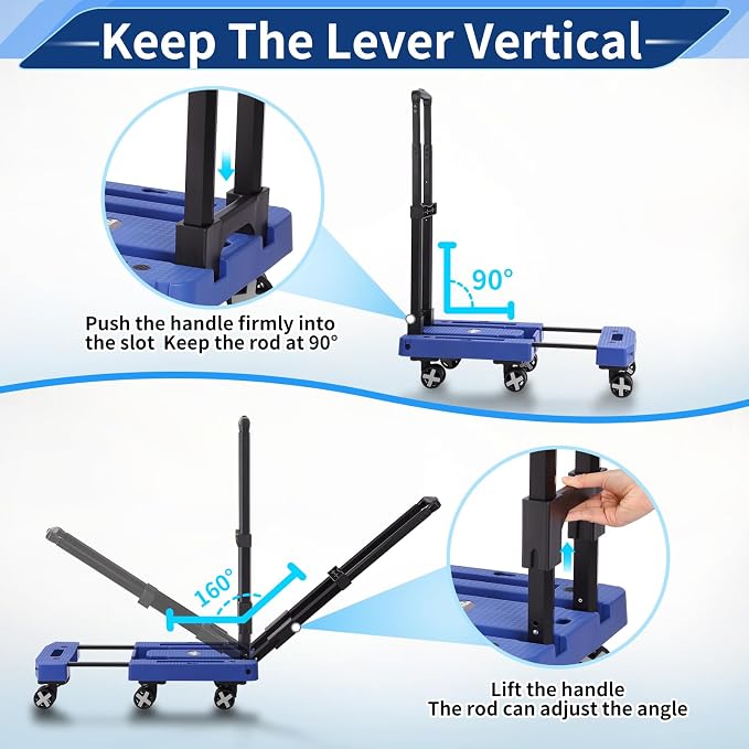 GtIiFmTe Foldable Hand Truck, Lightweight Luggage Cart for Airport Car Seat | Compact Folding dolly with Rotating swivel wheel,storage size12×15.7×4.1",300lbs Load,Upright Lock Handle with 3bungee cords