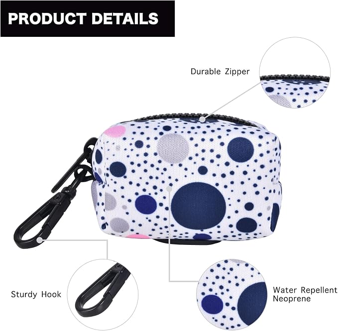 Petmolico Dog Poop Bag Holder Dispenser 2 Pack, Blue Dots | Zippered pouch fits any leash, includes free roll of bags, lightweight & portable for daily walks, travel & outdoor use