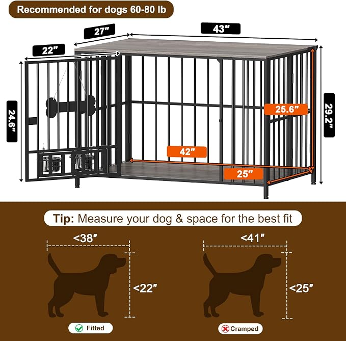 Easycom 43" Dog Crate Furniture Foldable, No Assembly Decorative Dog Kennel Indoor, XL Dog Crates for Large Dogs (60-80 lbs), Wooden Dog Cage with Adjustable Bowls and Name Tag, Oak Grey