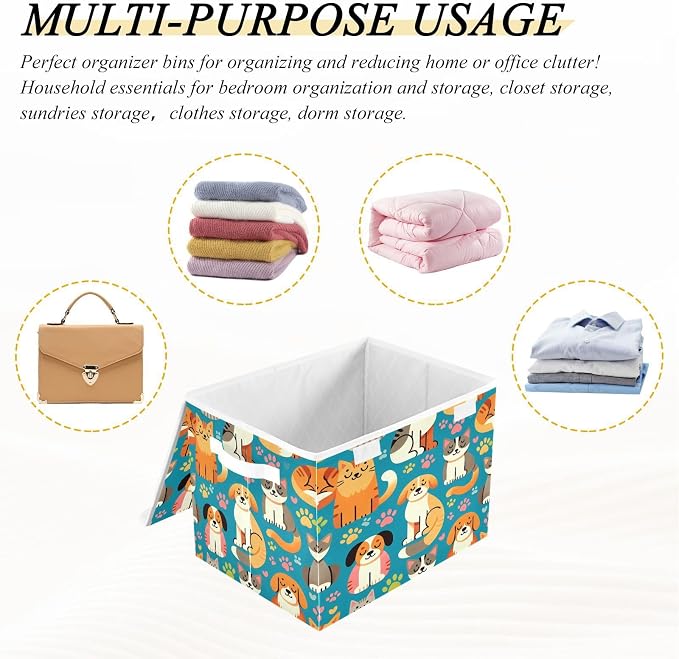 Storage Box Dogs and Cats Storage Bins with Lids, Larger Collapsible Fabric Storage Baskes with Handles for Living Room, Playroom, Bedroom, Nursery 16.5x12.6x11.8 Inch