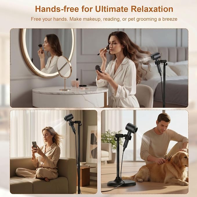 Mistriddle Hands Free Hair Dryer Holder Floor Stand, 17.2-51" Adjustable | For Home, Salon & Pet Grooming, Universal TPU Clip, Stable Aluminum Base with Organizer Hook (Black)