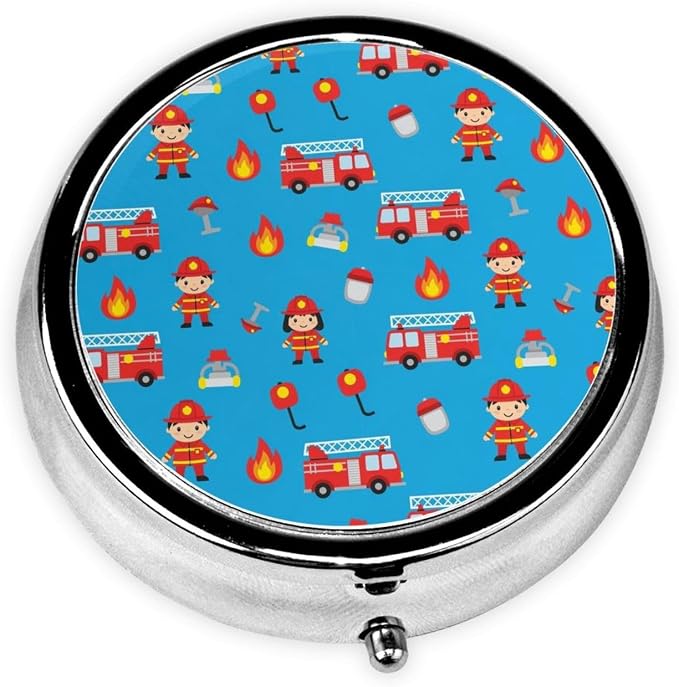 Small Pill Organizer, Round Metal Dispenser, Portable Case for Fish Oil, Travel Pill Box Purse Essential, Cute Red Fire Truck Blue