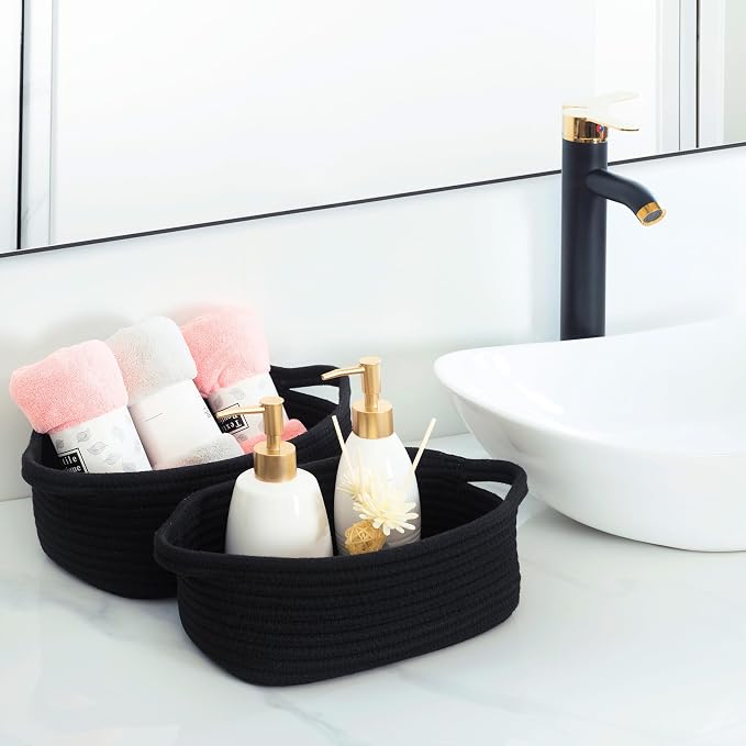 5-Piece Storage Baskets for Organizing, Small Woven Rope Baskets for Storage and Shelves, Dog Cat Toy Basket Box, Pantry Bathroom Organization Bins, Nightstand Organizer, Full Black