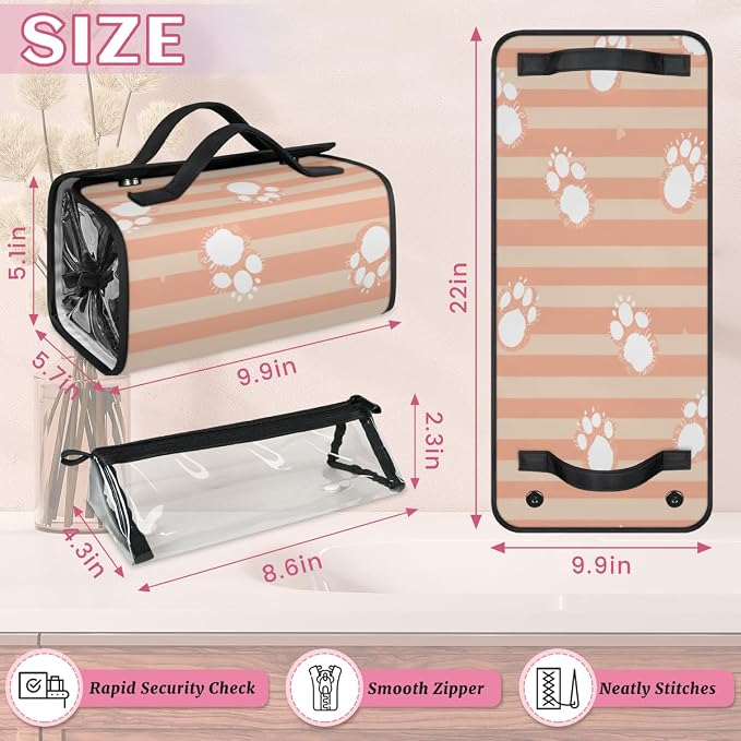 Dog Paws Makeup Bag for Women Hanging Roll-Up Travel Organizer Toiletry Kit with 4 Removable Compartments, Cat Pet Paw Animal