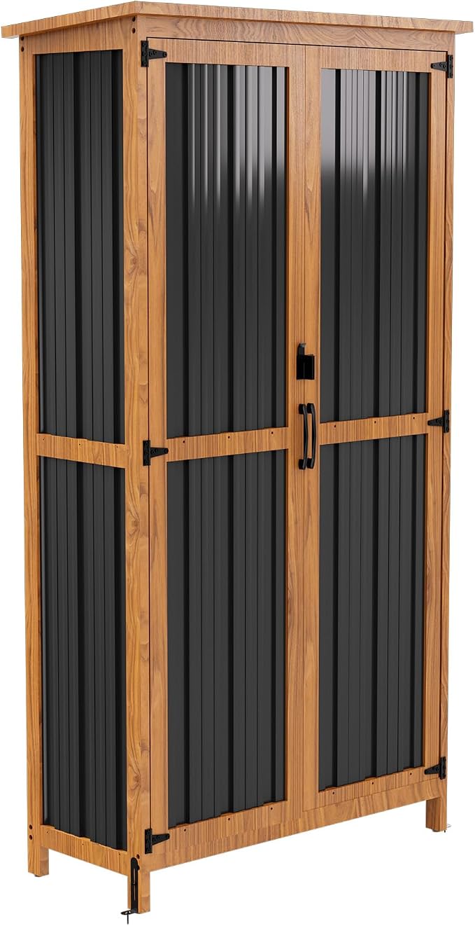 Devoko Metal & Wood Weatherproof Garden Storage Tall Shed with 3 Adjustable Shelves, Lockable Outdoor Patio Cabinet, Waterproof Yard Organizer for Lawn Gear and Garden Tools, Black