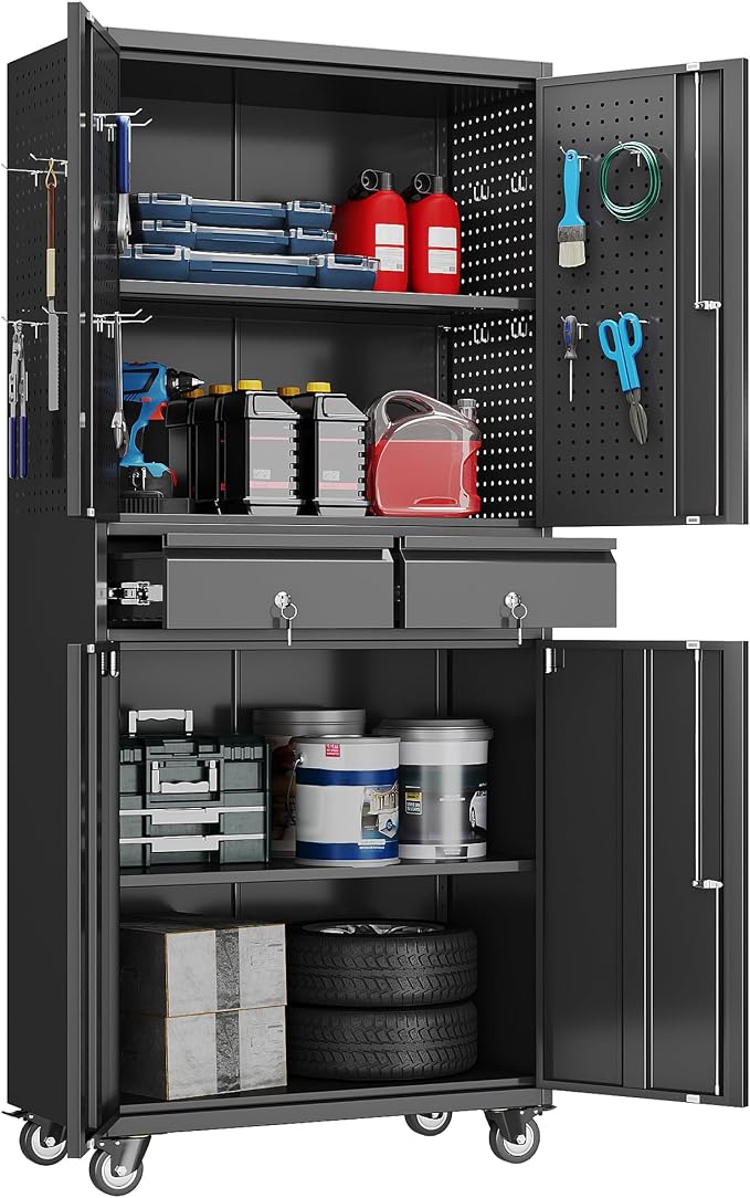 Garage Storage Cabinet with Wheels and 2 Drawers, 71" H Locking Metal Storage Cabinet with Pegboard Doors and 2 Adjustable Shelves for Garage, Warehouse, Home, Black, Assembly Required
