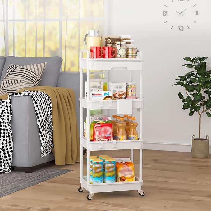 4 Tier Rolling Utility Cart with Drawer, Plastic Storage Organizer Rolling Carts with Wheels Handles Hanging Cups Hooks for Office, Bathroom, Kitchen,Craft Art Room (White)