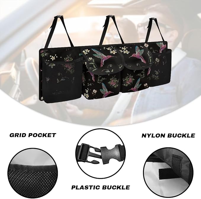 Dreaweet Stylish Hummingbird Flower Print Trunk Organizer for Car, SUV, Truck - 4 Pockets, 3 Adjustable Straps, Pink/Red