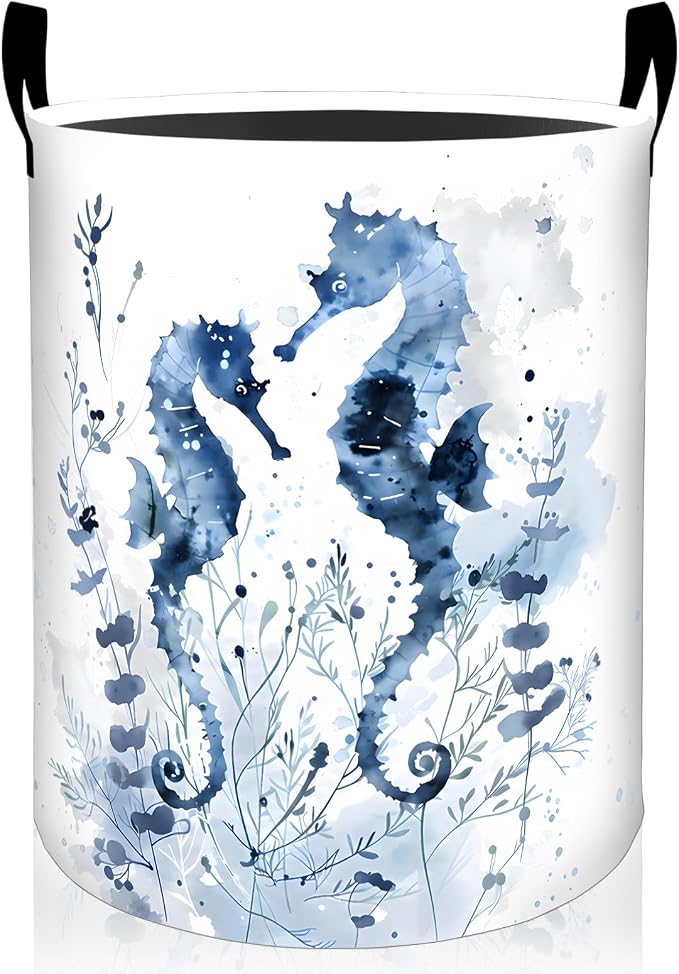 Seahorse Laundry Basket, Elegant Blue Watercolor Foldable Oxford Cloth, Waterproof Dirty Clothes Hamper with Handles, Clothing Storage Bin Toy Organizer for Bedroom Dorm Bathroom, 19.7"x15.7"