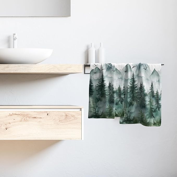 Giwawa Misty Forest Hand Towel Set of 2 Foggy Mountain Woodland Face Towels Watercolor Spring Summer Nature Trees Ultra Soft Washcloth for Bathroom Guest Gym Spa Hotel Season Decor