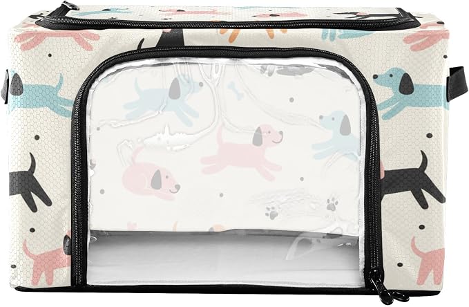 Cute Pets Dogs White print Under Bed Storage Containers with Double Zipper Openings, Foldable Clothes Storage Bins with Clear Window and Handles for Blankets Comforters Bedding