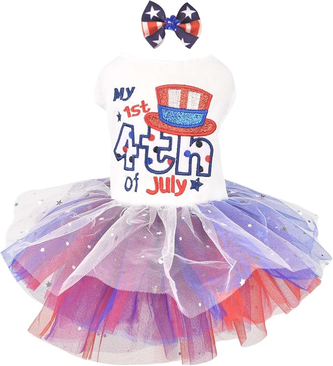 FLAdorepet4th of July Dog Dress with Hair Bow,Independence Day Dog Dresses Tulle Skirts for Small Dogs,Puppy Patriotic Clothes Pet Outfits Cats Apparel (4th of July, X-Large)