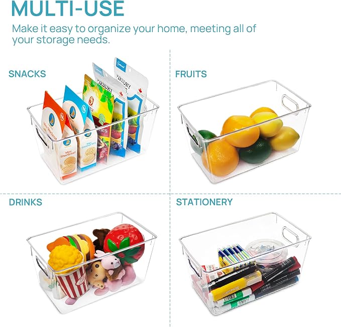 Vtopmart 2 Pack Clear Storage Bins, Pantry Cabinet Organizer Bins, Medium | Plastic Pantry Storage Bins with Handle, Storage Containers for Fridge, Cabinet, Kitchen, Countertops, Cupboard, Freezer