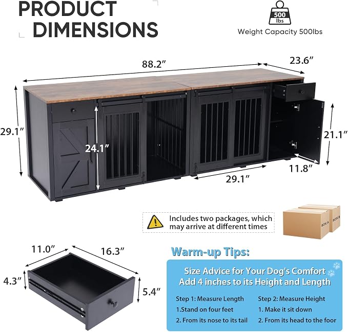 Verano Garden 88" Dog Crate Furniture, Dog Kennel Cage, Black (88") | 2-in-1, Lockable, Decorative, Sliding Door, Removable Divider, Adjustable Shelf, Farmhouse, Heavy Duty, Small Medium Dogs