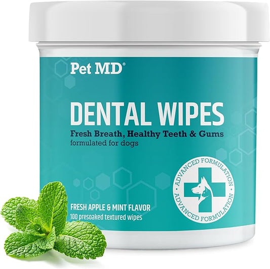 Pet MD Dog Breath Freshener Dental Wipes for Dogs - Tartar and Plaque Remover for Teeth Cleaning - Fresh Apple & Mint Scent Bad Breath Treatment for Dogs - 100 Count