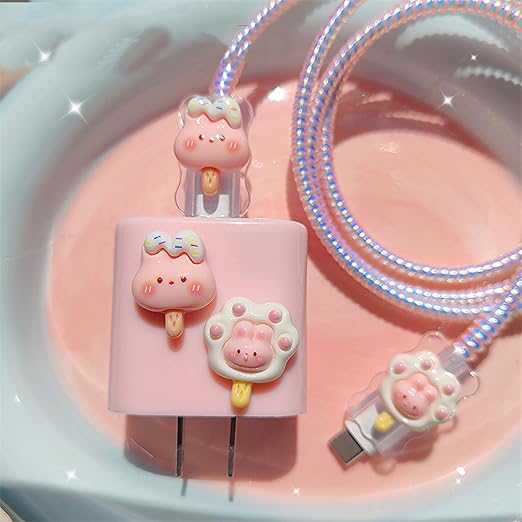 Charger Protector Cute 3D Rabbit Cable Protector for iPhone iPad 18W/20W Charger Cover,Cartoon 3D Cat's Paws Shape Design Charger Cord Protector,Charging Cord Protector for iPhone14 15 16 Pro Max-Pink