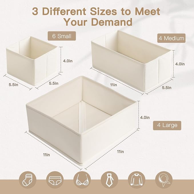 Drawer Organizer Clothes, 14 Pack Dresser Organizer for Baby Clothes, Underwear, Sock- Foldable Closet Organization and Storage Dividers Bins for Nursery, Bedroom and Dorm (Beige)