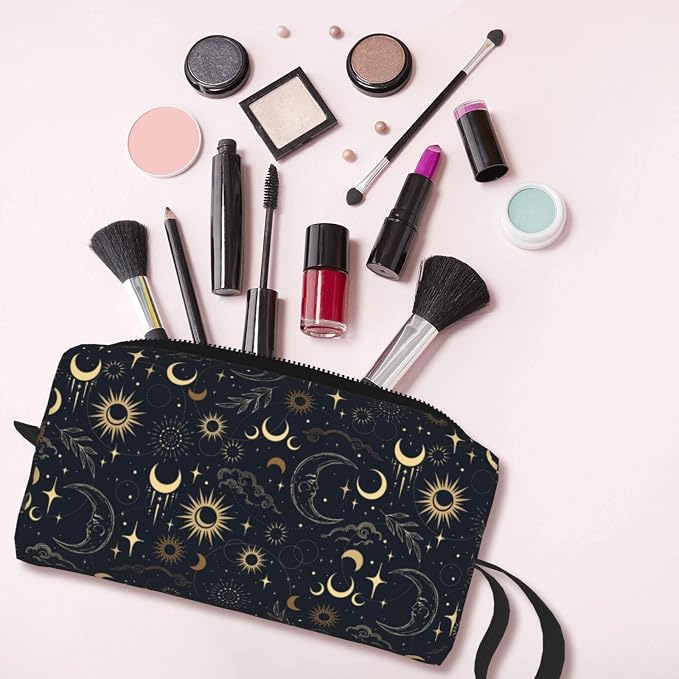 Vintage Astrology Sun And Moon Makeup Bag for Women | Small Travel Cosmetic Pouch with Zipper, Compact Makeup Organizer Bag for Purse, Toiletries, Skincare & Daily Essentials