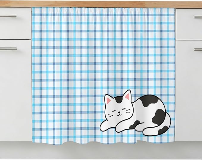 Cute Cat Oven Skirt Curtain for Kitchen Decor 28"x35", Blue Purple Checked Modern Pet Cats Rustic Self Adhesive Stove Curtains Skirt Cabinet Curtains for Bathroom Laundry Room