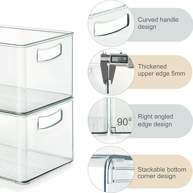 Heyuzb 16 PACK Freezer Organizer Bins Fridge Organizers and Storage Stackable Refrigerator Organizers Bins with Side Handles Clear Storage Bins for Pantry, Under Sink, Kitchen Cabinet