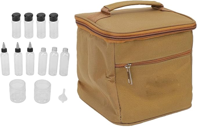 Portable seasoning bottle set 15 pieces with Oxford cloth organizer bag | Condiment Containers for Travel, Picnic, BBQ, Hiking, PET Material, Secure Seal, Screw Lids, Leak-, Khaki Color