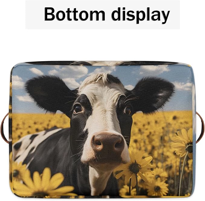 Cow Sunflower Storage Basket Bin Memorial Day Large Fabric Toys Storage Cube Box with Handles Collapsible Closet Shelf Cloth Organizer for Nursery Bedroom Bathroom