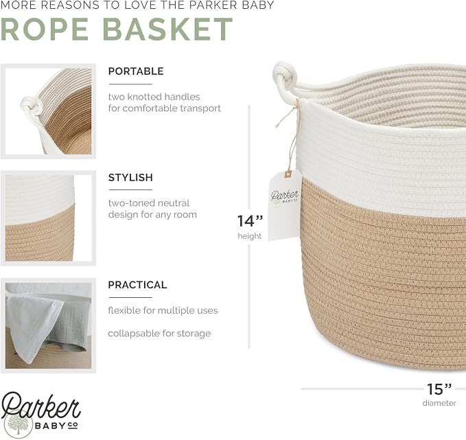 Parker Baby Co. Rope Storage Basket, Large Nursery Storage Bin - White/Tan | Soft woven basket that adds stylish, sturdy storage for blankets, books, clothes, and playroom clutter