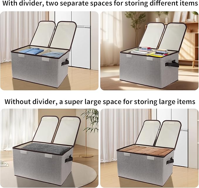 Foldable Fabric Storage Box, 16.5 x 11.8 x 9.8 inches (L x W x H), with Double-Lid & Dividers, Large Organizer for Home, Closet, Office(Grey)
