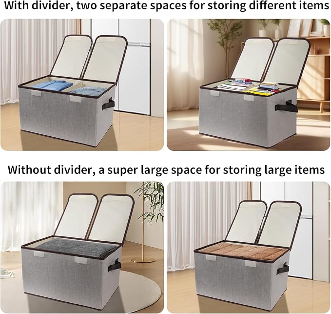 Foldable Fabric Storage Box, 16.5 x 11.8 x 9.8 inches (L x W x H), with Double-Lid & Dividers, Large Organizer for Home, Closet, Office(Grey, 3 Packs)