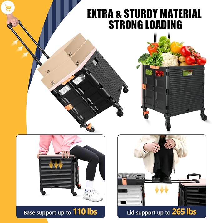 Foldable Utility Cart Collapsible Crate Rolling Carts Handcart Trolley Tool Box Basket 4 360°Noiseless Wheels Lid Telescoping Handle for Shop Grocery Luggage Move Office School Teacher (Pink