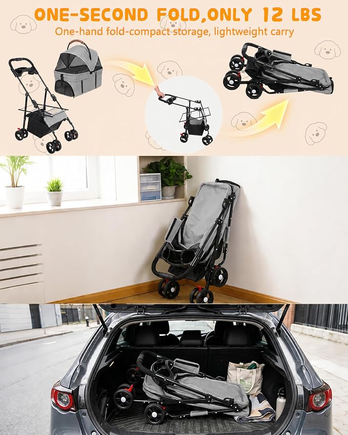 Pet Stroller, 3 in1 Foldable Dog Cat Stroller with Detachable Carrier-Gray | 35lbs Lightweight Foldable Dog Stroller, All-Terrain 4 Wheels, Compact Travel Pet Stroller for Small to Medium Pets