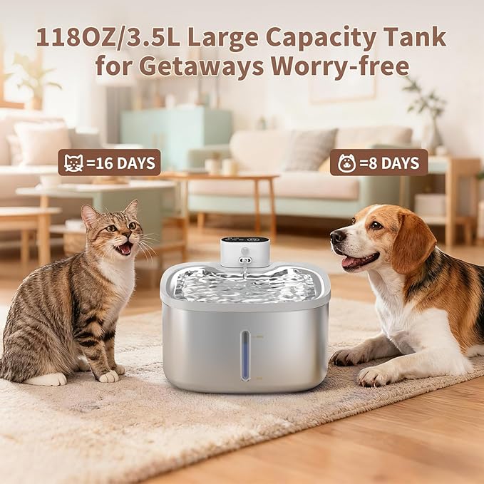 Cat Water Fountain Stainless Steel Wireless 118oz/3.5L–Cordless Battery-Operated Pet Water Dispenser with All-in-One Rechargeable Pump, Quiet Indoor Fountain for Cats & Dogs (Fountain+2Filters)
