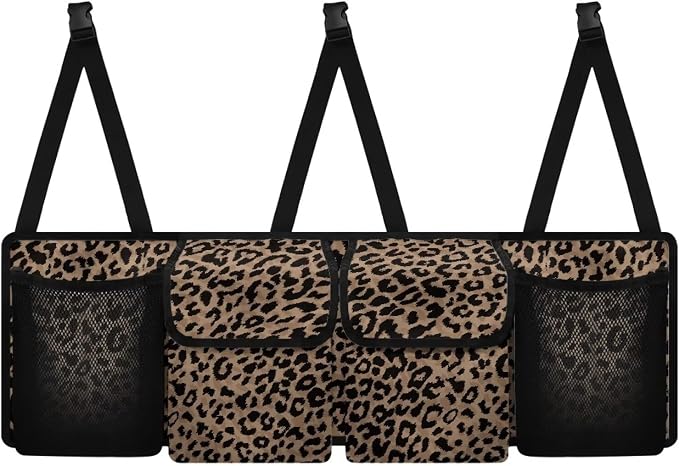 Dreaweet Brown Leopard Print Trunk Organizer for Car Women Backseat Hanging Organizer with 4 Pockets Cheetah Print Car Accessories Interior Foldable Car Seat Storage Bag for Cars SUV Trucks Sedan