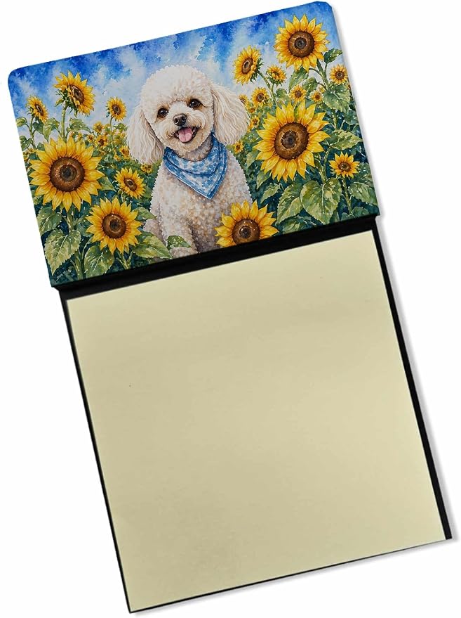 Caroline's Treasures White Poodle in Sunflowers Watercolor Sticky Note Holder Refillable Dispenser Desk Accessory 3x3 Pad Gift