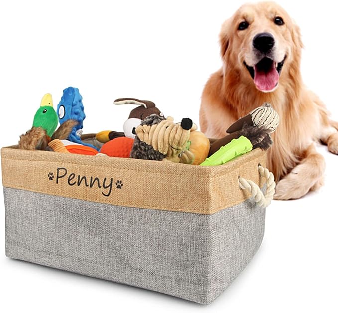 Personalized Dog Toy Basket with Name,Custom Dog Toy Basket,Paw Prints Pet Food Storage Container,Dog Toy Box for Small Dogs,New Puppy Supplies (Green,M 36X27X17cm)