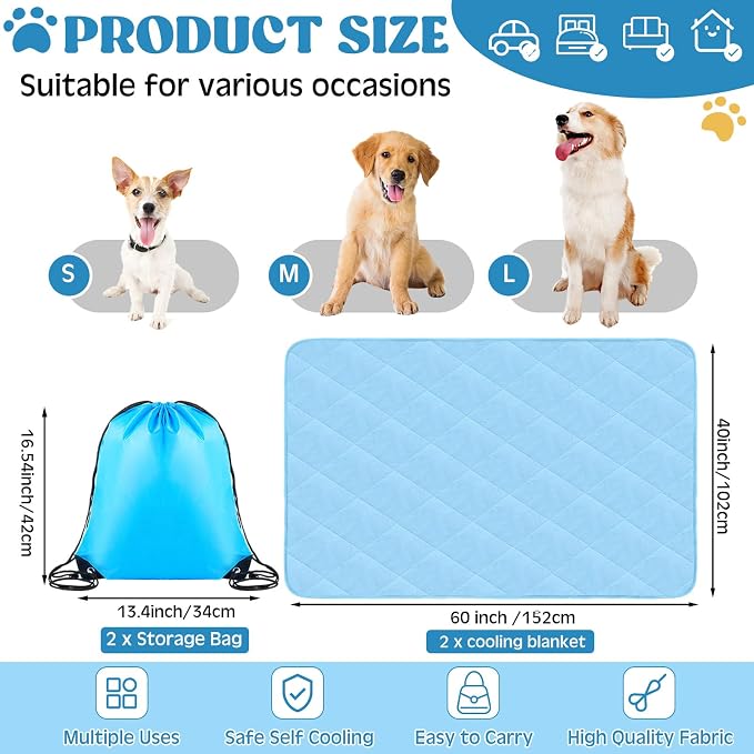 2 Pack 40" x 60" Dog Cooling Mats with Storage Bags, Washable Cooling Pads for Dogs, Foldable Pet Self-Cooling Mat for Crate, Sofa, Floor, Car, Indoor Outdoor Summer Use