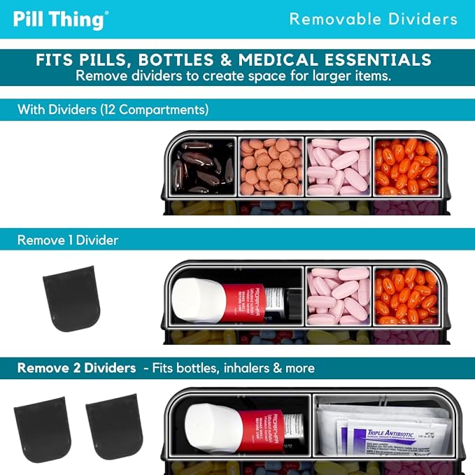 2-Pack Large Pill Organizer – Black + Blue | 12-Compartment Weekly Pill Box Case with Removable Dividers, Waterproof, Travel-Friendly (Combo Pack - 1 Black & 1 Blue)