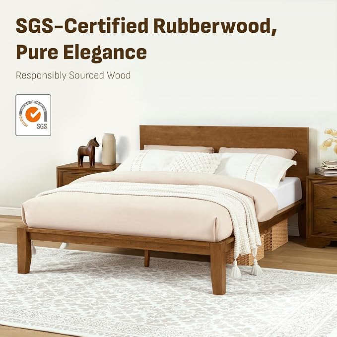 Softa Mikor Queen Japanese Joinery Bed Frame with Headboard, Solid Rubberwood Platform Bed, 1500 Lbs Heavy Duty, SGS Certified, No-Tool Setup, Storage Shelf, USB-A/C Port, No Box Spring Needed